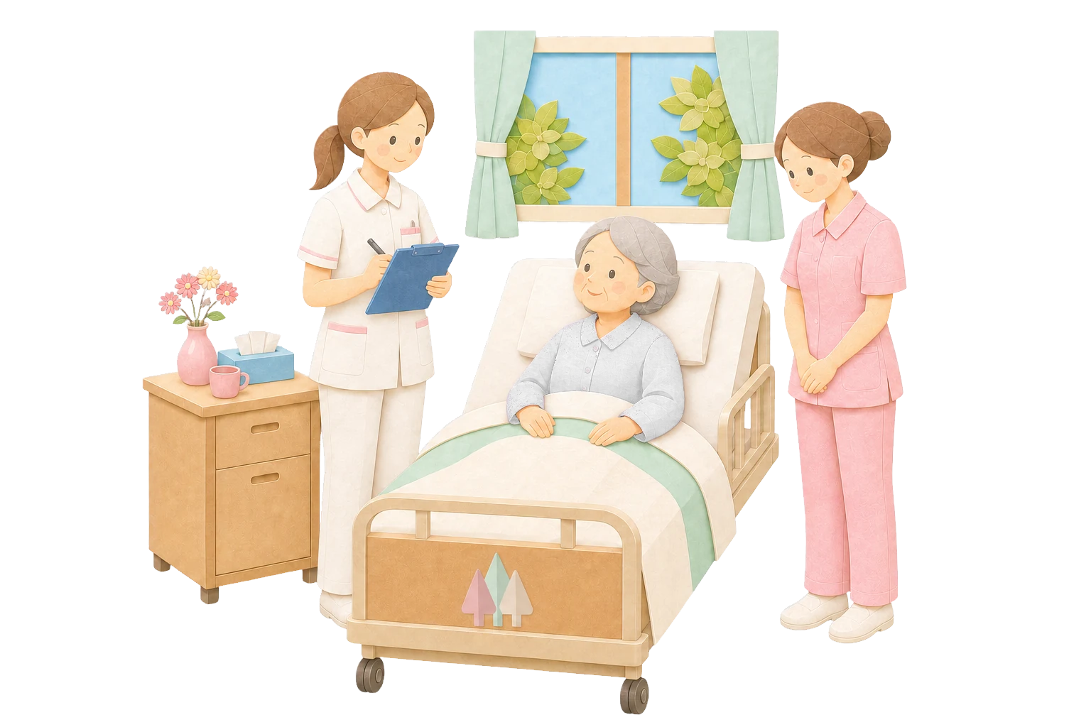 看護師と助手が日勤帯のケアを行うやさしいイラスト