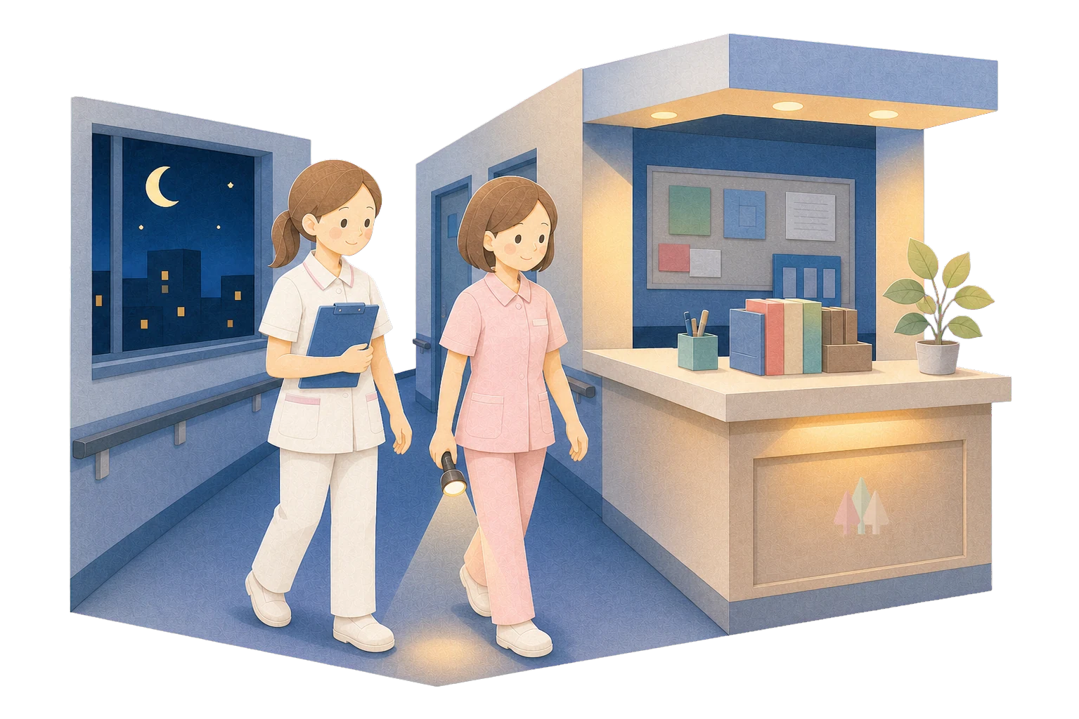 夜勤帯に巡視する看護師と助手のやさしいイラスト