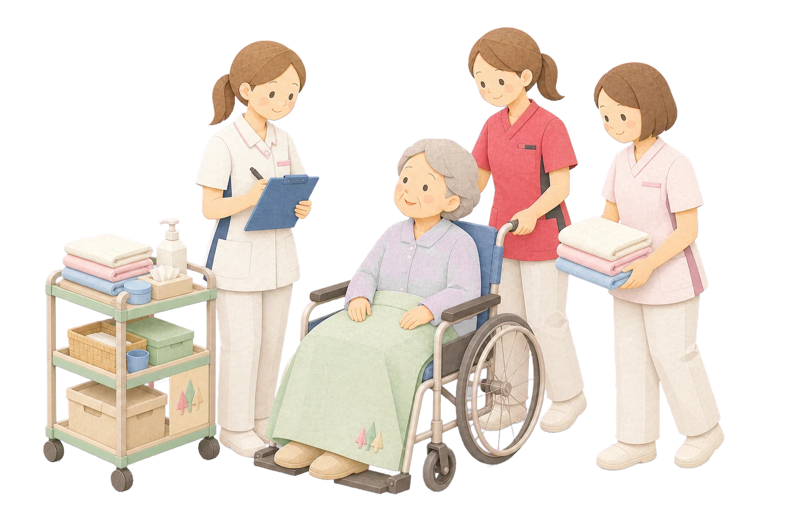 看護師と介護職員が同じ患者さんを支えるやさしいイラスト