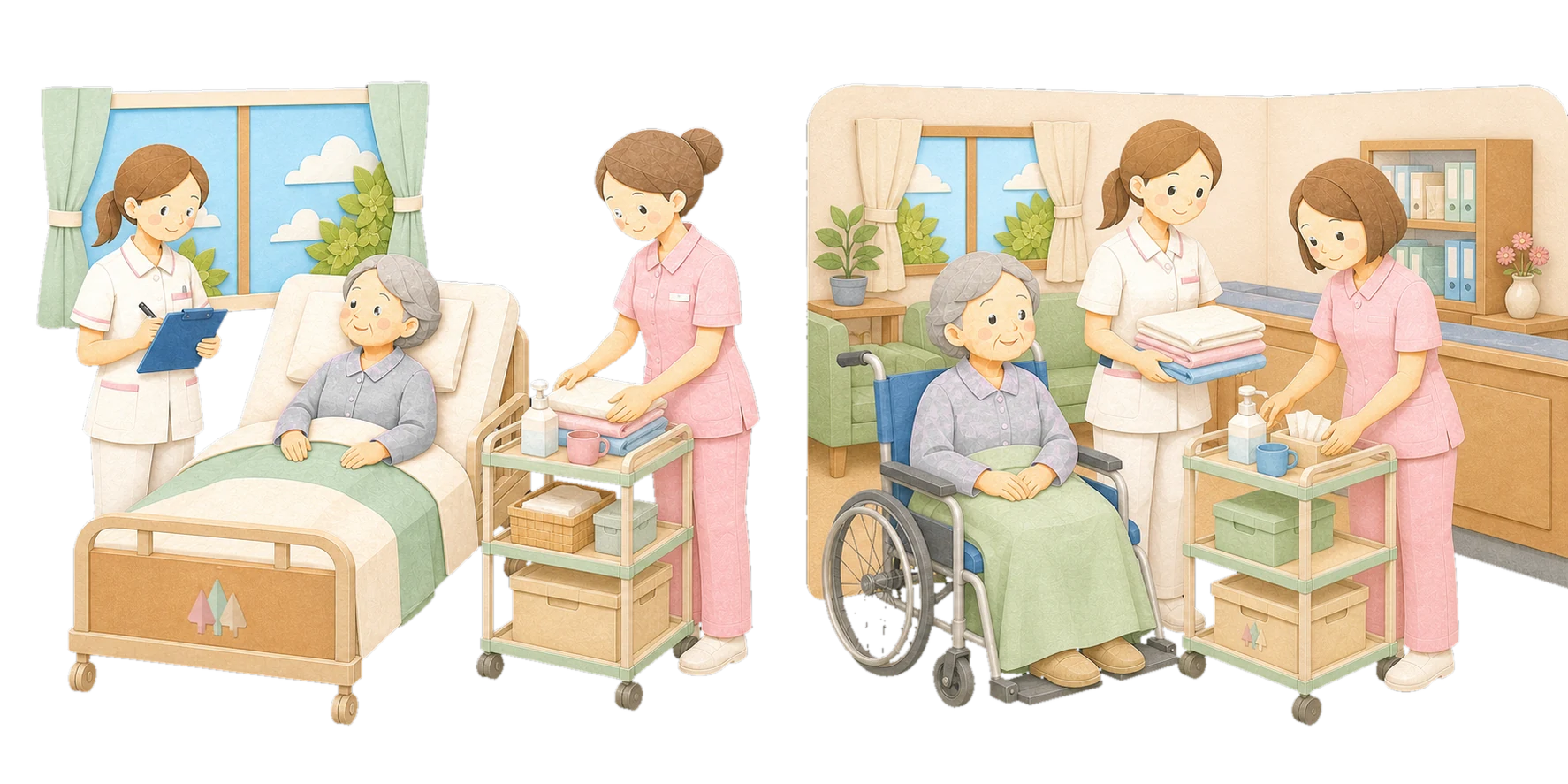 2Fと3Fの病棟の一日の流れを表すやさしいイラスト