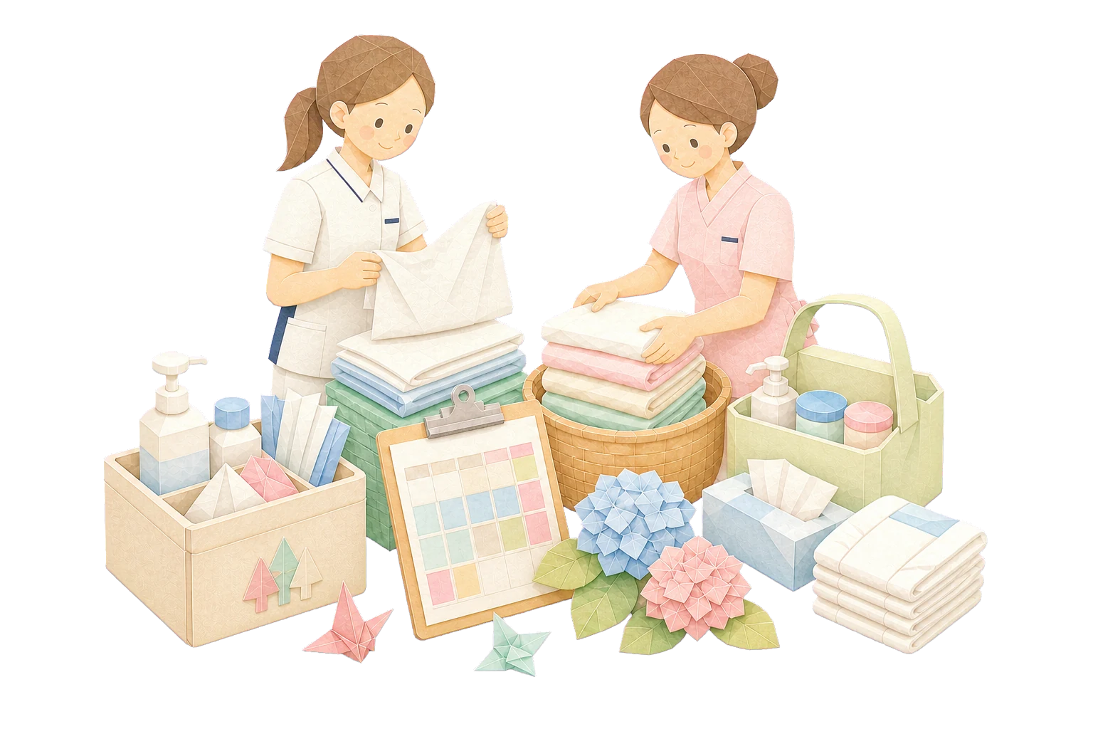 リネンやケア用品を整える週間業務のやさしいイラスト